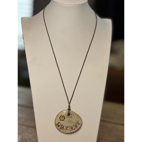Personalized Ceramic Pendant Necklace With "Jacque" Engraving Flower Detail & Tw - Picture 7 of 7